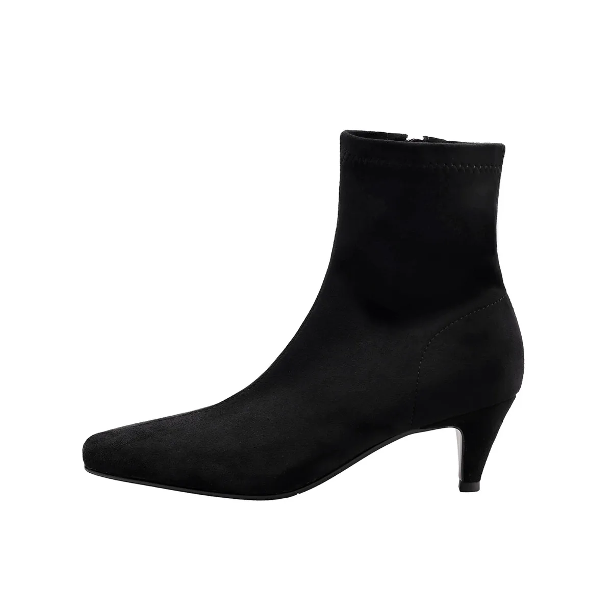 

Arden Furtado Autumn Elastic Suede Kitten heel skinny boots square toe Side zipper High-heeled short boot Women's Boots