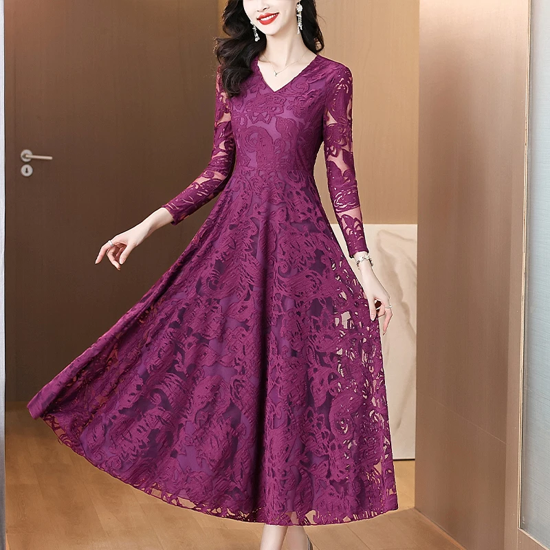 

2025 Elegant Bodycon Party Vestidos Spring Summer Vintage Long Sleeve Midi Dress Women Vintage V-neck Lace Hollow Out Sexy Dress