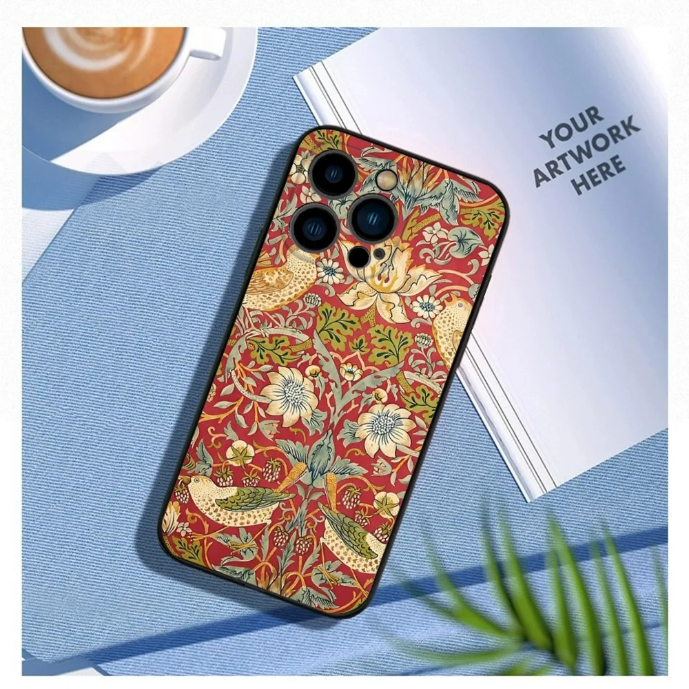 William Morris Strawberry Thief Design Phone Case For iPhone 16,15,14,13,12 Mini 11 Pro XR,XS,MAX Plus Silicone Cover Soft Black