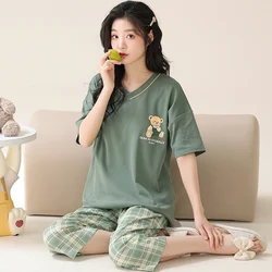 Big Yards M-5XL Women Pajamas Sets Soft Nightwear Summer Short Sleeve Pyjamas Cute Cartoon Print Sleepwear Female Pijamas Mujer