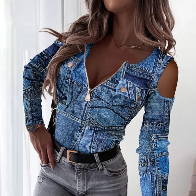 Frauen Mode Blusen Hemd V-Ausschnitt Reiß verschluss Design Langarm hemden für Frauen drucken sexy Tops Büro Dame Bluse