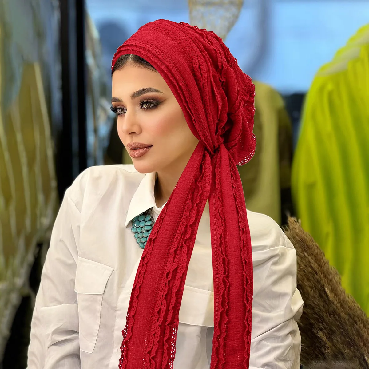 

2026 Fashion Muslim Hijab Lotus Crepe Long Tail Tie Headscarf For Women Daily Wear