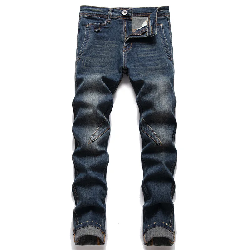 Men\'s New Srim Jeans Fashion Splicing Solid Color Business Casual Pants Mid-Waist Stretch Classic Blue Trousers Worn Clothes