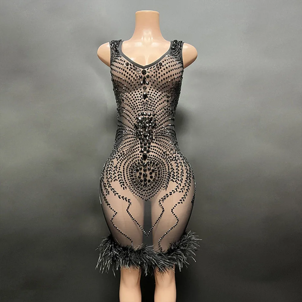 Vestido de encaje de malla de plumas personalizado, Manga corta transparente, alta elasticidad, perla, Sexy, ajustado, fiesta, actuación en escenario, nuevo