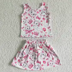 Hot Sale RTS Custom Two Pieces Girls Sassy Cute Cartoon Suits Toddler Clothing Outfits Baby Kids Skirt Set