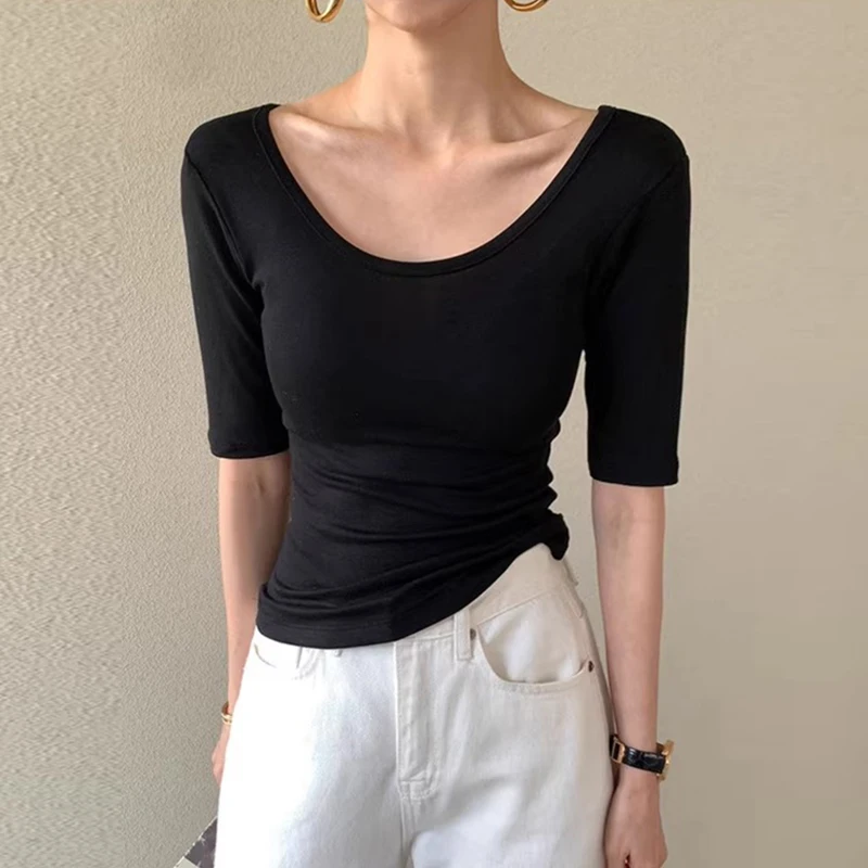 South korea Chic Summer New  Design Sense Large U Collar Backless Slim fit Slimming Half Sleeve T-shirt Top Women