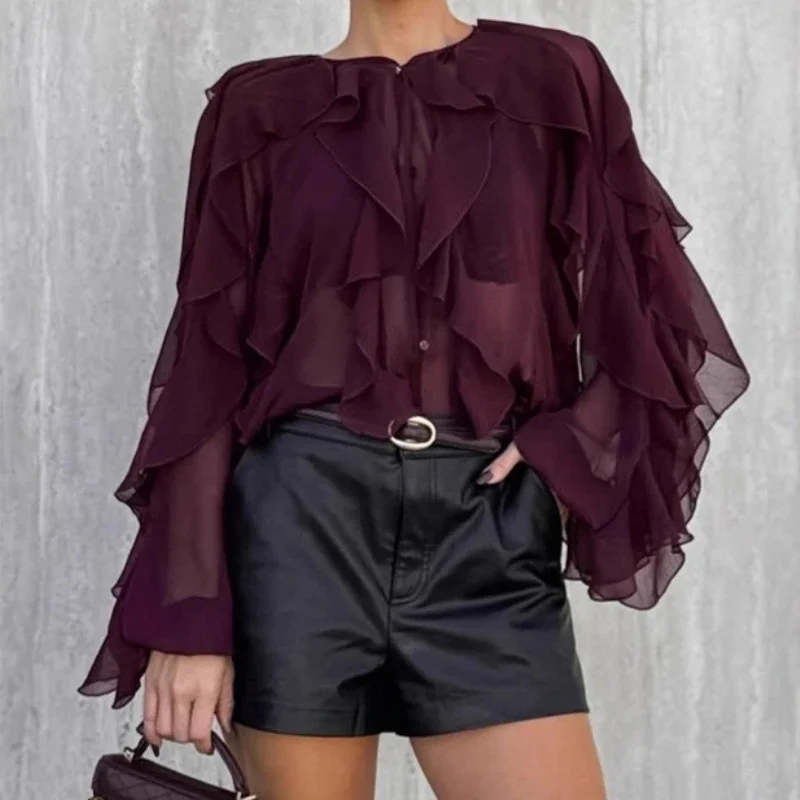 

Vintage Crew Neck Ruffle Top Women's 2026 Spring Design Sense Elegant Burgundy Chiffon Blouse Women's Clothing