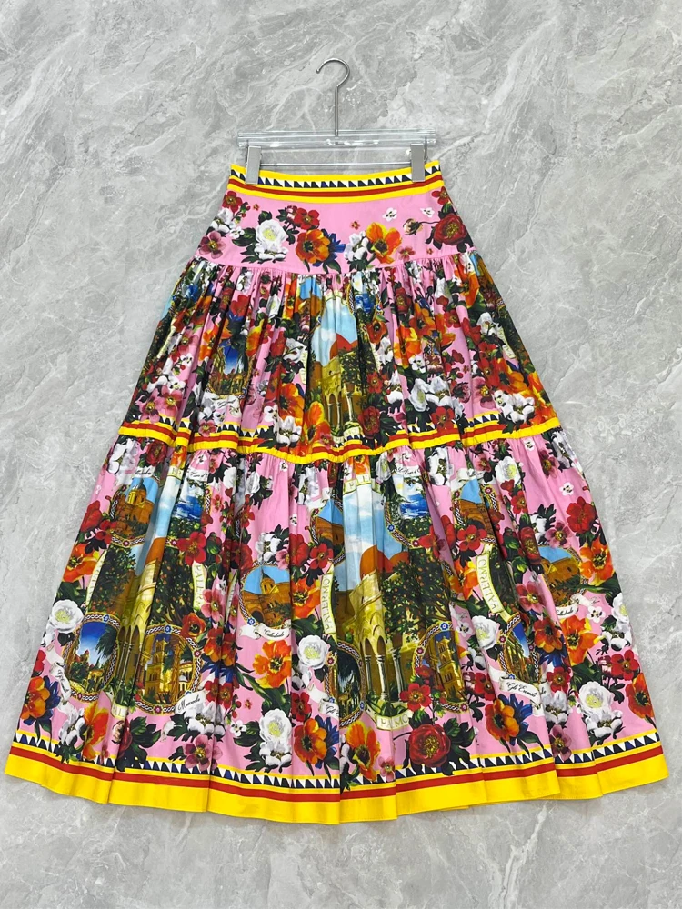 AELESEEN Women Summer Poplin Skirt Runway Fashion 100% Cotton Colorful Flower Print High Waist Elegant Long Party Holiday