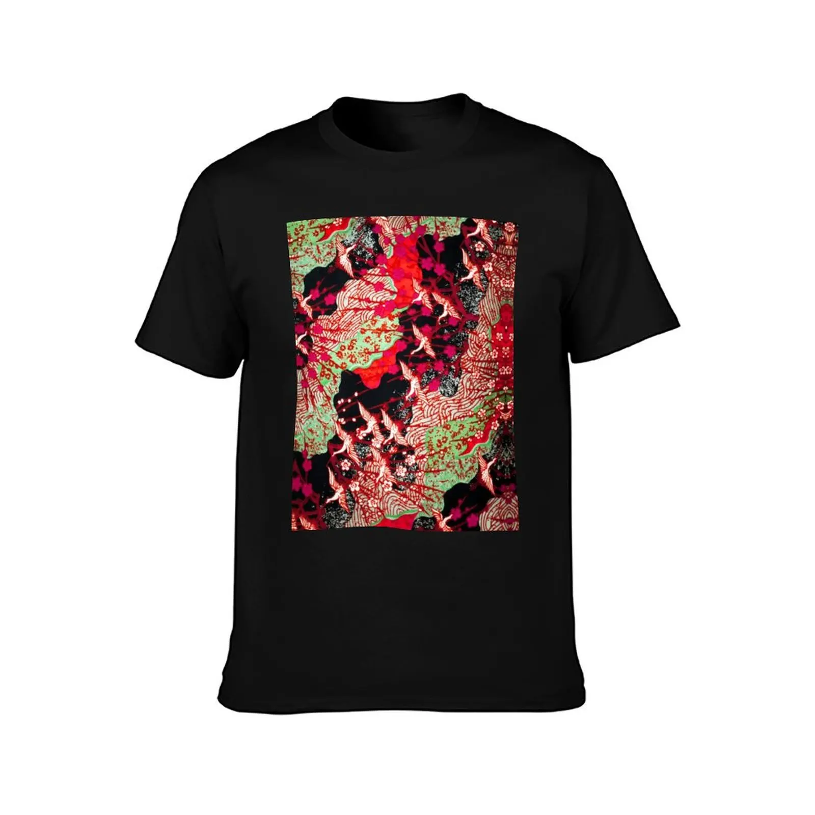 FLYING CRANES AND SPRING FLOWERS Red Green Black Antique Japanese Floral T-Shirt vintage t shirts shirts men