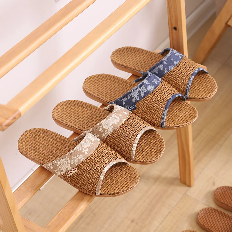 Mntrerm Couples Summer Flax Slippers Linen Weave Floral Slides Sandals Women Men Indoor Shoes Home Slippers Ladies Flip Flops