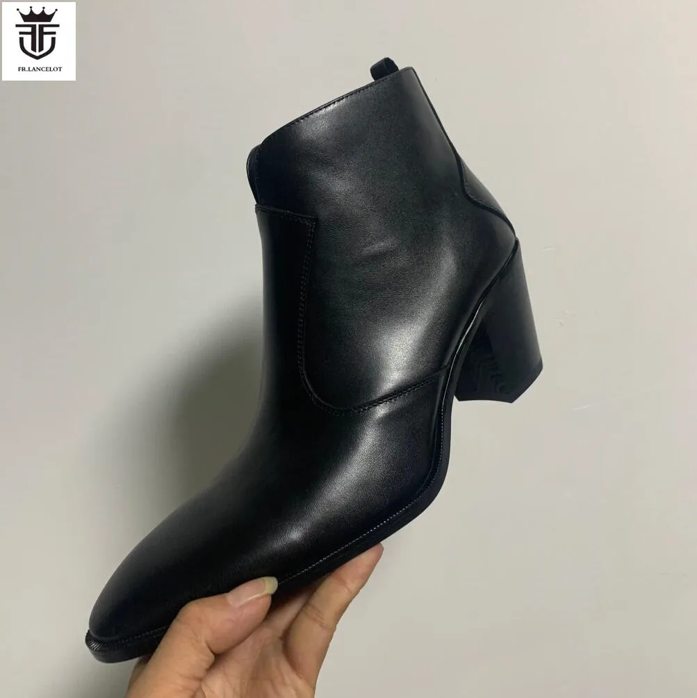 Real Photo men black leather boots side zip casual ankle booties male party shoes high heeled mens point toe boot western