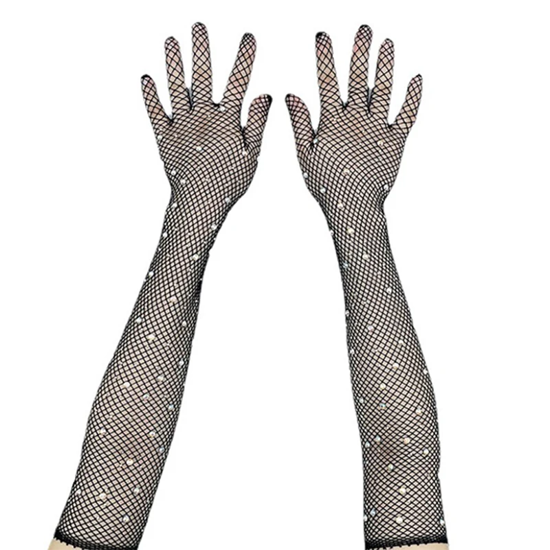 

Halloween Flash Diamond Mesh Bounce Retro Mesh Black Gloves European And American Fashion Stretch Diamond Lady Party Disco Glove