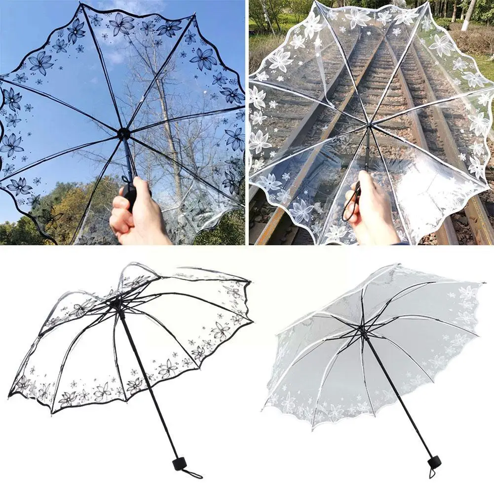 New Transparent Folding Women\'s Umbrella Fashionable Flowe Waterproof Umbrella Black Summer Luxurious Umbrella And E4s1