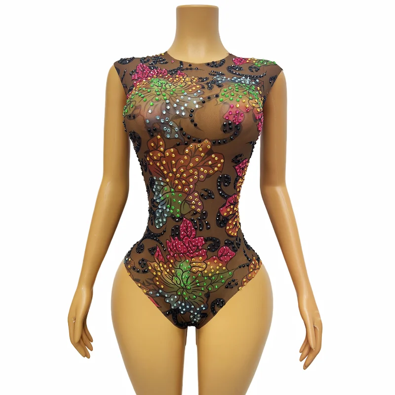 

Sexy Colorful Rhinestones Flowers Brown Mesh Bodysuit Birthday Celebrate Performance Costume Dance Sleeveless Leotard caihua