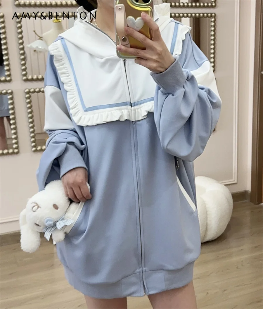 

Spring New Cute Oversized Sweatshirt Mine Hooded Two-Way Hoodies Women Japanese Sweet All-Match Patchwork Gothic Zip Up Hoodie