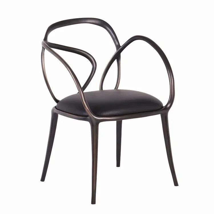 Modern Luxury Black Bronze Polished Gold Black Leather Soft Bag Single Chair