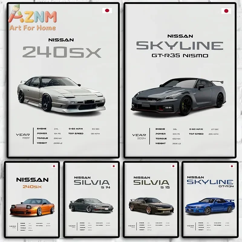 AZNM Nissan Silvia Skyline JDM Car Canvas Wall Art Japanese Tuner Vehicle Spec Data Poster Unframed Canvas Print for Garage Deco
