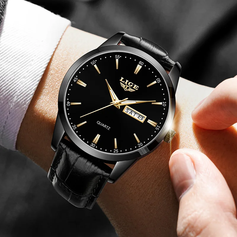 LIGE Mens Relógios de Quartzo Marca de Luxo Casual Moda Relógio Masculino Para Presentes Couro Respirável À Prova D 'Água Relógio de Pulso Luminoso + Caixa