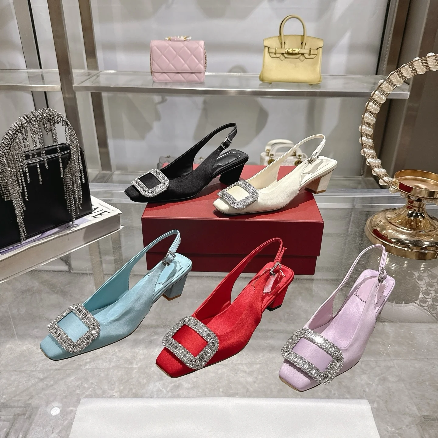 

2025 Summer New Silk Rhinestone Square Buckle High Heel Women's Shoes Square Toe Shallow Mouth Seven-Character Thick Heel Closed-Toe Sandals