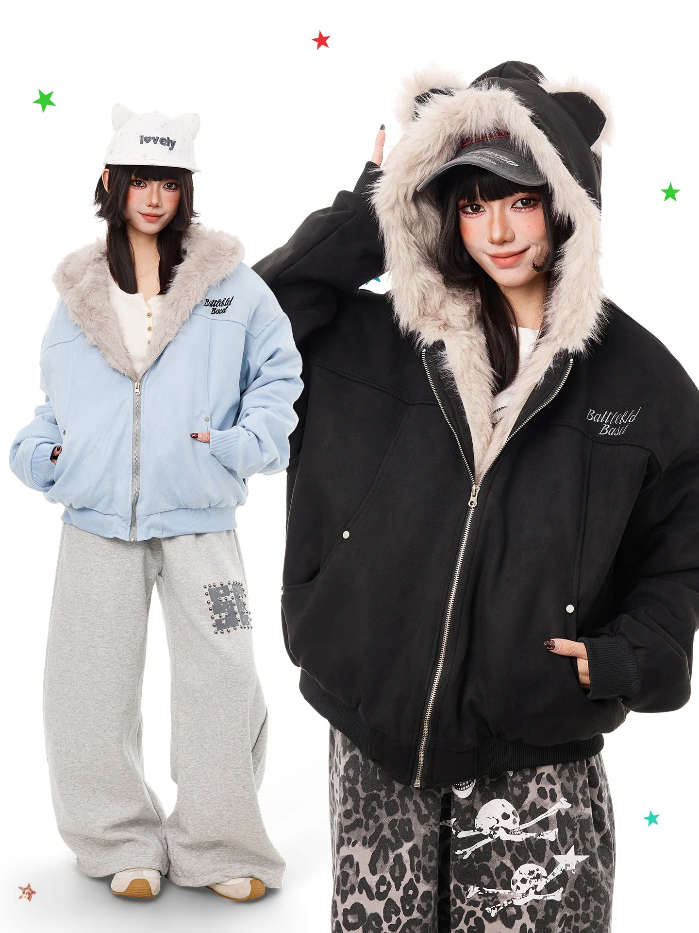 

K787 Mountain Eagle Suede Short Cotton Jacket with Fleece Bear Ear Hood Warm Casual Outerwear for Teens American Retro Style