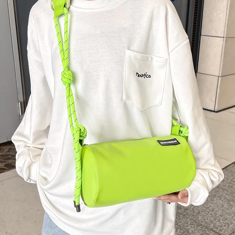 Ladies Fashion Neon Green Crossbody Bag Female Ins Cylinder Bag Wide Shoulder Strap Bag Casual Small Packs Hot Pink