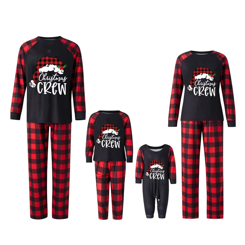 Christmas Family Matching Pajamas Set Long-Sleeved Letter Print Tops with Round Neck Plaid Pattern Trousers Sleepwear