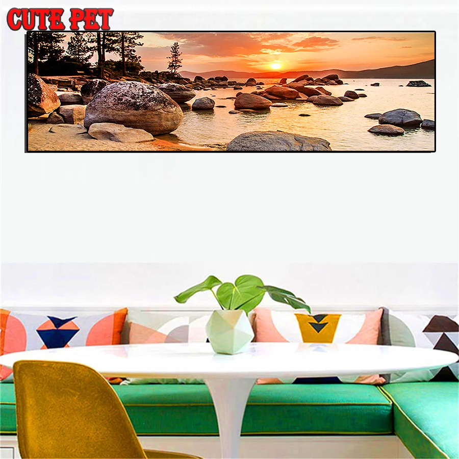 

Sunset riverside scenery stones DIY 5d diamond painting Cross Stitch handmade embroidery mosaic home decor gifts art large