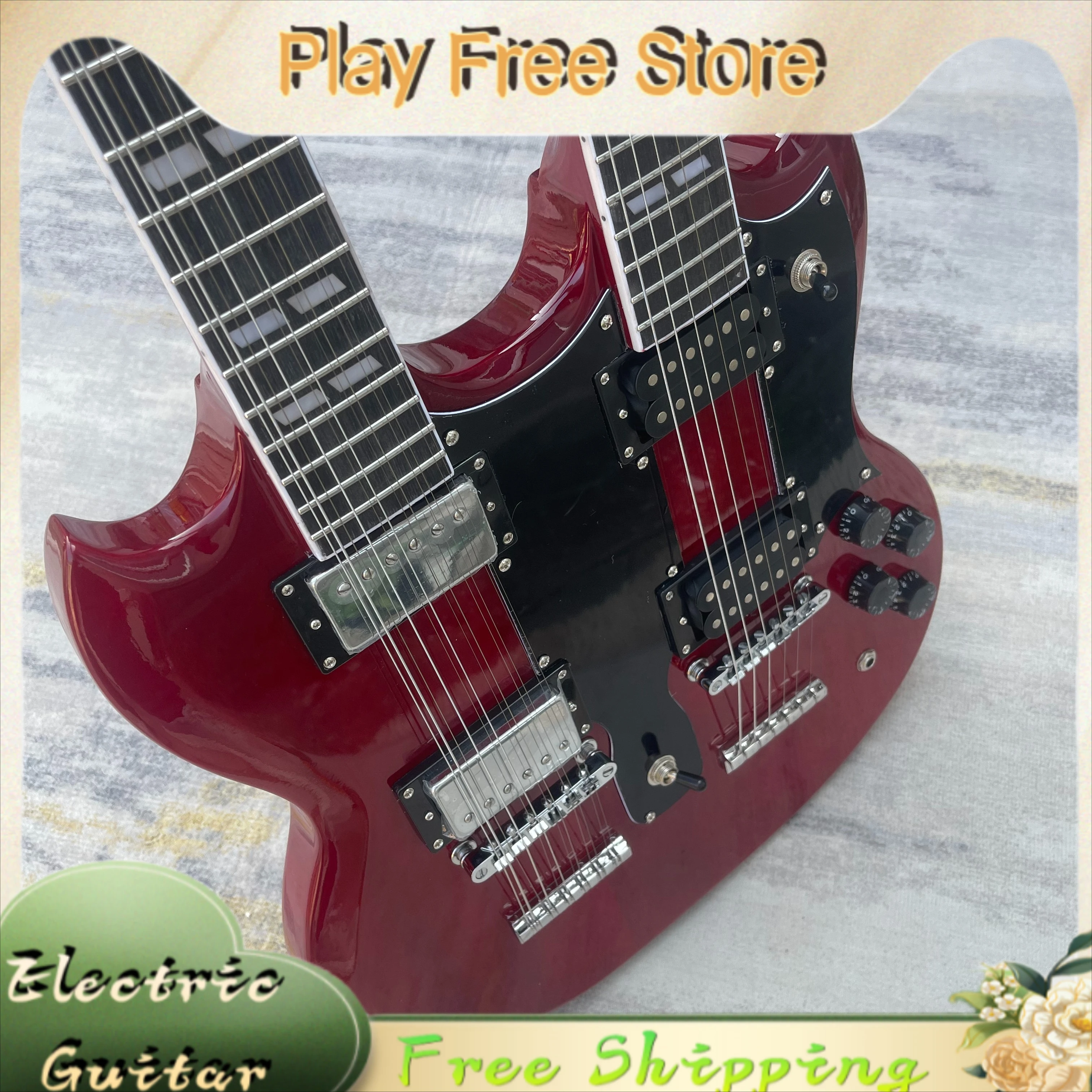 New Hot Limited Time Special Offer Wine Red Double Head Electric Guitar 12 Strings and 6 Strings, Dual Gear Shift Gift Unisex