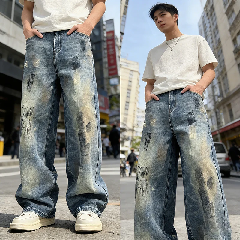 Korean Retro High Street Splashed Ink Jeans Men'S Summer Straight Leg Jeans Casual Loose Wide Leg Pants Long Pants