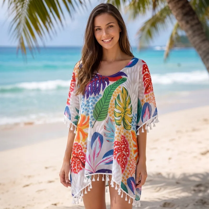 2026 Trendy Women's European American Style Beach Outerwear Four Way Stretch Printed Sun Protection Cover Up For Bikini Vacation
