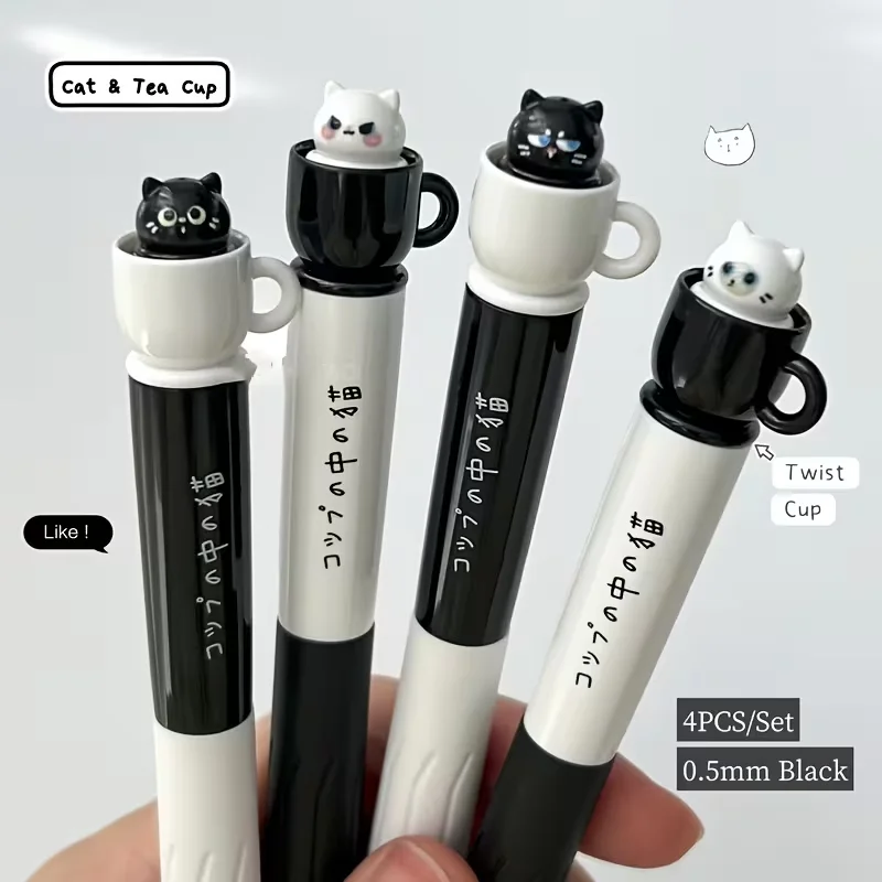 

4pc/set cartoon Teacup Cat Neutral Pen Ballpoint Pen student stationery Writing Pen 0.5mm Speed Drying Kid School Black Exam Pen