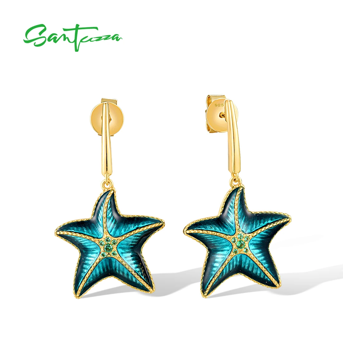 

SANTUZZA Real 925 Sterling Silver Stud Earrings For Women Sparkling Green Spinel Enamel Star Fish Fashion Party Fine Jewelry Set