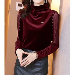 Autumn New Half High Collar Golden Velvet Bottoming Shirt Long Sleeve Solid Loose Pullovers Top Vintage Elegant Women Clothing