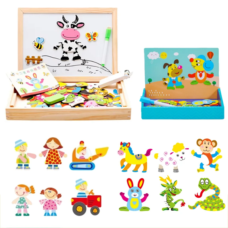 Children Multifunction Animal Puzzle Learning Education Toys for Kids Writing Magnetic Drawing Board Wooden / Paper Kid Gift TMZ
