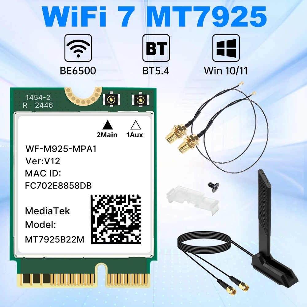

Сетевая карта WiFi 7 MT7925 BT5.4 6500 Мбит/с 802.11BE с внешней антенной, адаптер Ethernet WiFi M.2 Key E для Win10/11