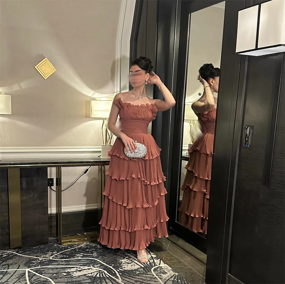 

Customized Classic russet Jersey Evening Dress Formal Strapless Sleeveless Celebrity Gowns Sexy A-Line Ankle Length Party Dress