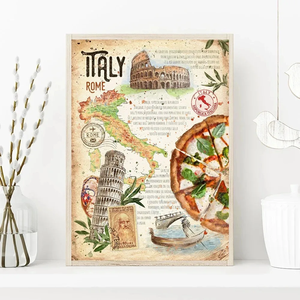 رسم كرتوني على الطراز القديم ، ملصق قماشي للسفر ، البرازيل ، فرنسا ، إيطاليا ، إسبانيا ، فن الطعام ، صورة معيشة ، ديكور حائط منزلي #2