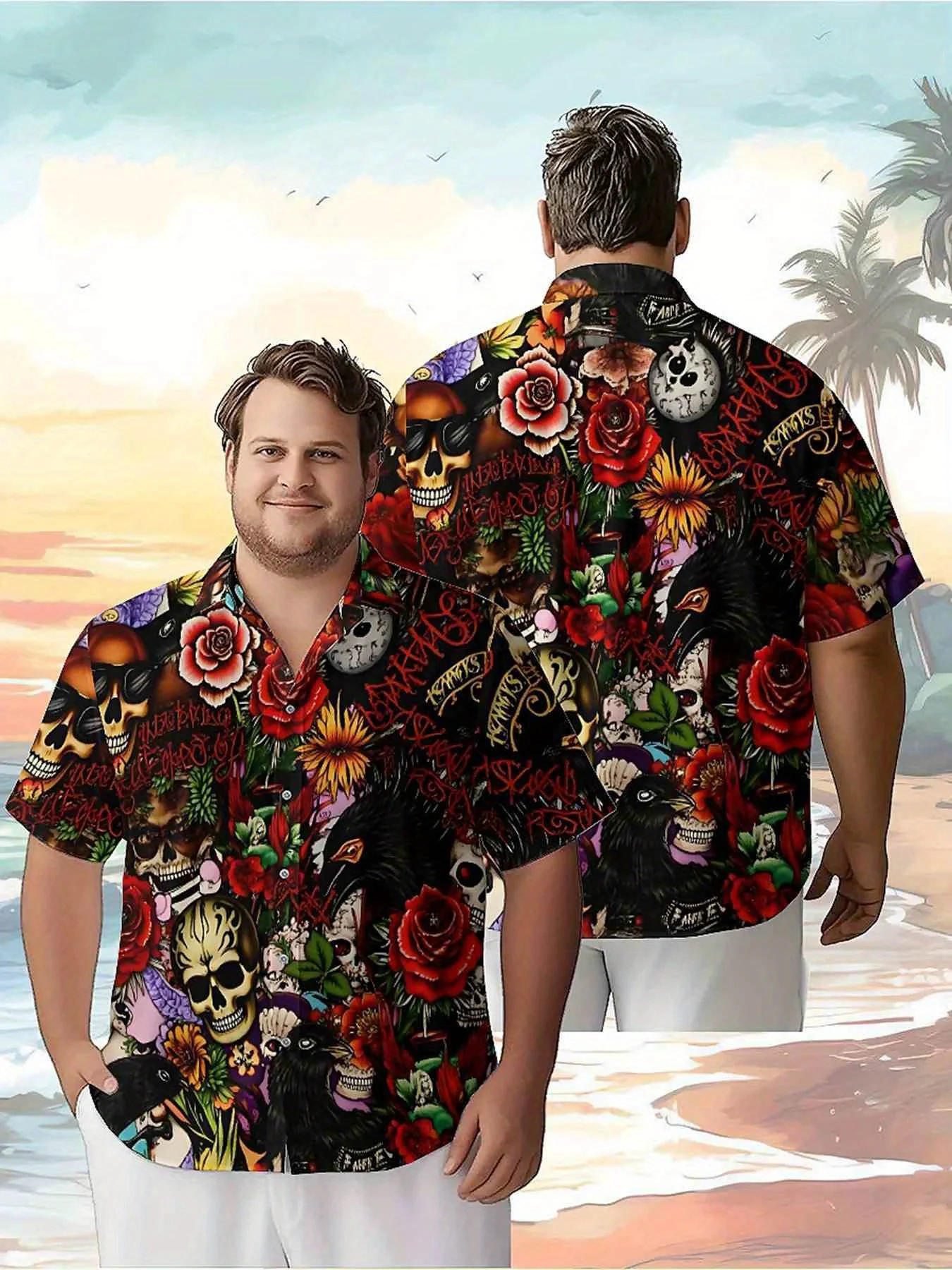 

Men's Plus Size Hawaiian Shirts Skull and Rose pattern,New in Summer Fashion Tops,Hip Hop Rock Streetwear