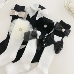 Chaussettes en coton peigné avec gros nœud papillon perlé pour filles, doux, princesse, mollet, enfants, bébé, bas, haut, tout-petit, bébé