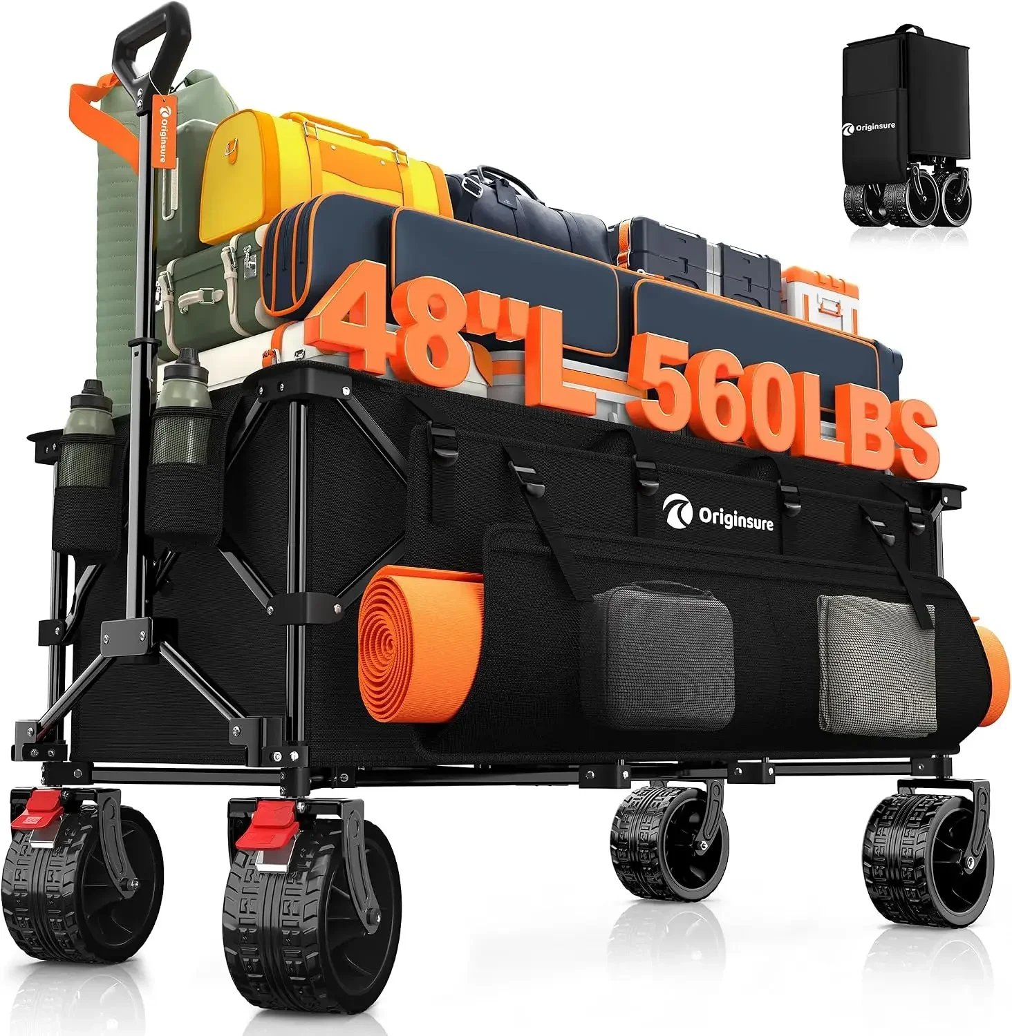 US Shipping 300L Beach Wagons Carts Foldable with Big Wheels, 560lbs, Black | 48