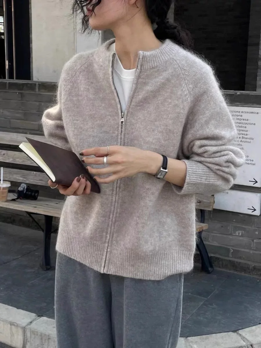 

Новый женский кардиган из 100% чистой шерсти, женский вязаный кардиган на молнии, вязаная женская куртка с круглым вырезом, теплый и модный топ