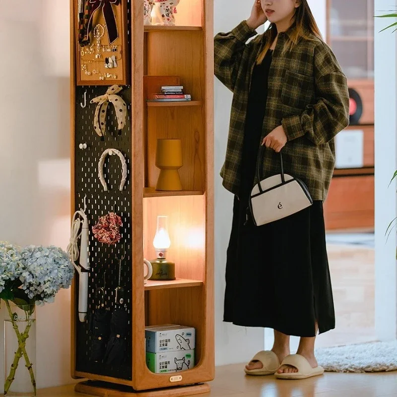 Cherry wood 360-degree rotating full-length mirror solid wood rotating bookshelf, Gemini rotating floor full-length mirror boe