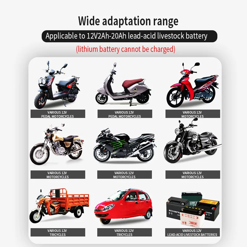 12V Car Motorcycle Battery Charger 2A Fully Automatic Smart Charger Pulse Repair Battery Suitable for 2-20ah Lead-Acid Batteries