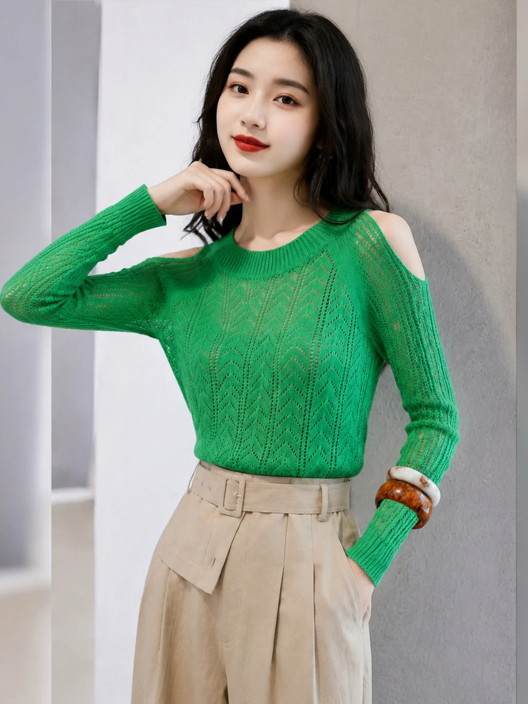 Fashionable Knitted Shoulder Bared Long Sleeve round Neck Pullover Soft Hollow out Design Autumn 2026 Women's Premium Cashmer...