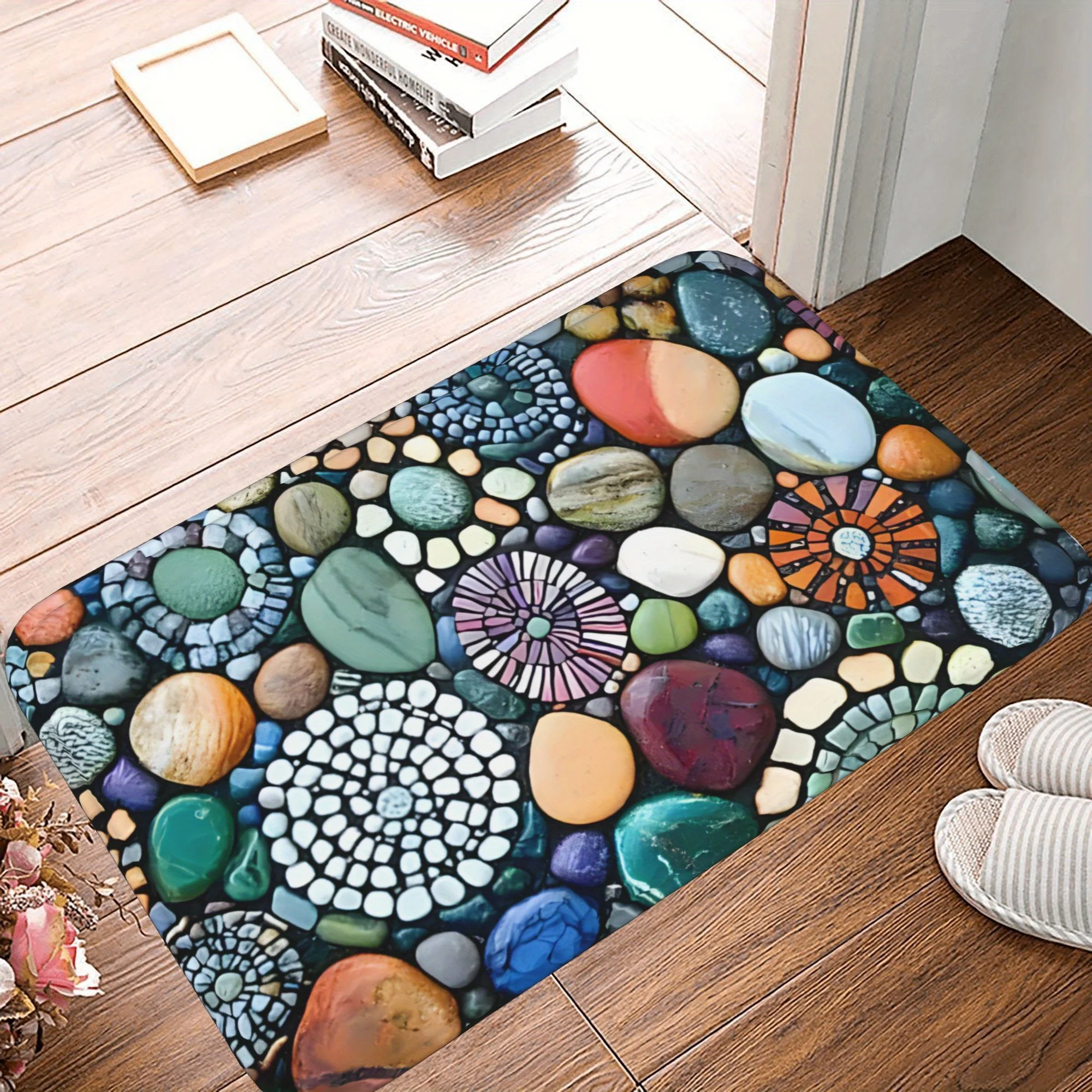 

Яркий коврик с гальковой мозаикой — высококачественный нескользящий коврик, красочный каменный дизайн для любителей природы и искусства, уникальный домашний декор