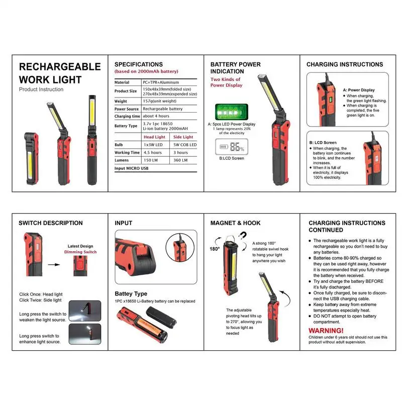 

Portable Work Light Foldable Car Maintenance Lamp Bright Portable Work Lights For Garage Camping Automotive Repair Outdoor