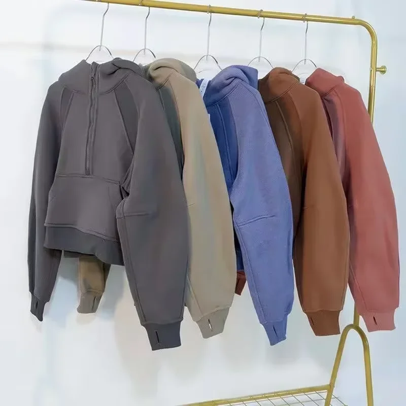 Lemon Winter Oversized Cropped Hoodies Relaxed Fit Sweatshirt Waist Length Sweater Yoga Wear for Women Define Jackets Coat