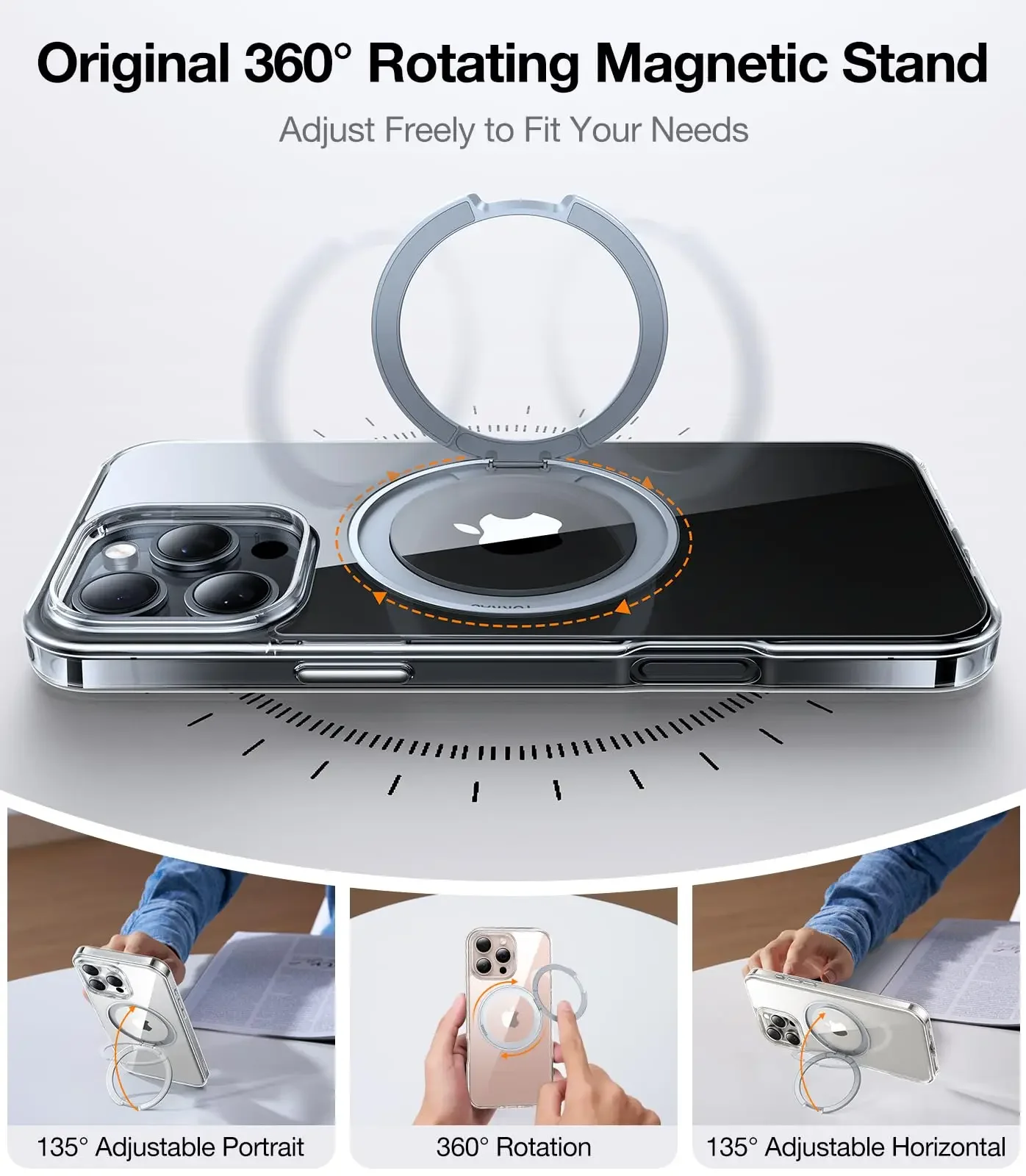 TORRAS Q1S 360° Rotating Magnetic Ring Stand for iPhone 16 Pro Max 16 Pro Case, Permanent Transparent Non-Yellowing Case