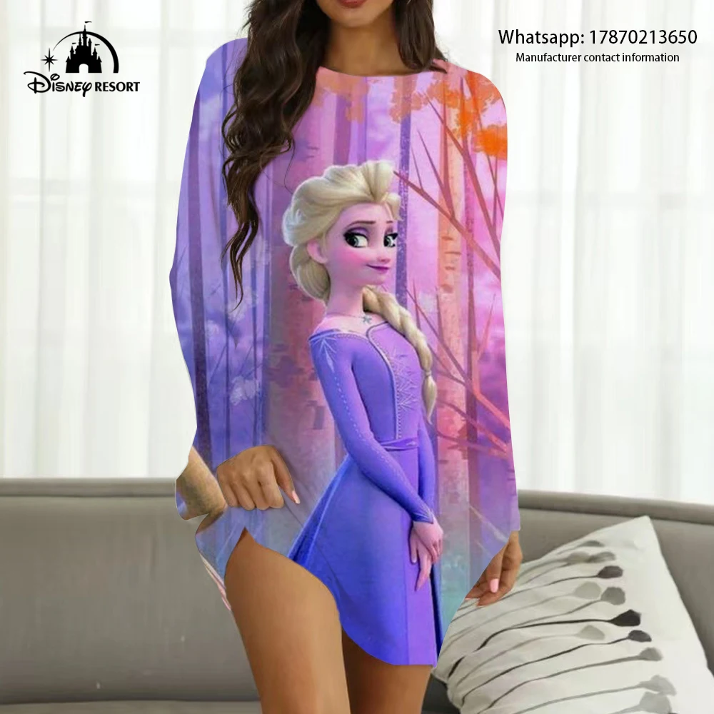 2024 New Frozen Cartoon Print Skirt Fashion Casual Knee-length Home Dress Summer Long Sleeve Home Dress