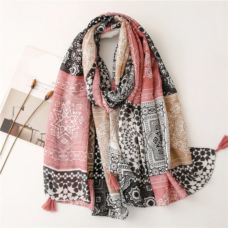 Printed Floral Cotton Tassel Scarf Viscose Shawls For Woman Summer Beach Long Muffler Fashion Muslim Headband 185*90cm